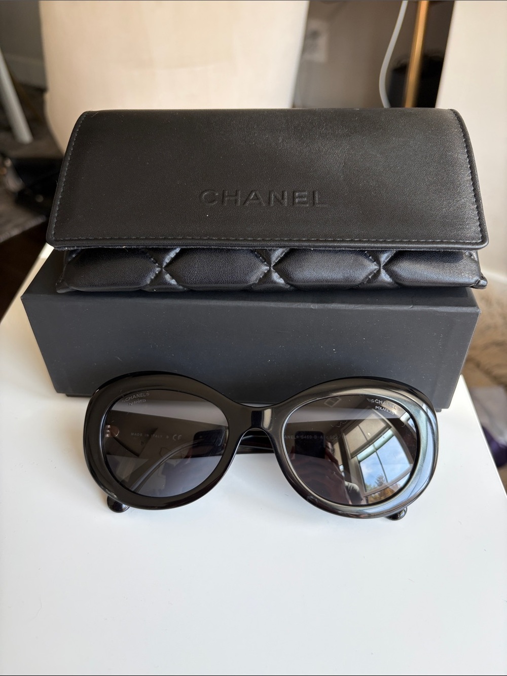 CHANEL Black Oversized Oval Sunglasses with Black Case